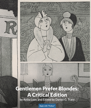 The front page of the digital scholarly edition of Gentlemen Prefers Blondes. The page features a collage of greyscale drawings of women with short hair and hats.