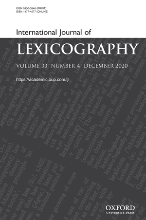 A white and grey cover of the fourth issue of volume 33 of the International Journal of Lexicography. The cover features the definition of lexicography in the grey areas.