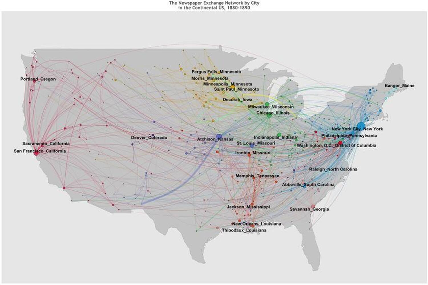 A map from the Viral Texts Project showing typical routes for information sharing through nineteenth-century newspapers.