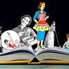 A dictionary with various images of women emerging from its open pages.